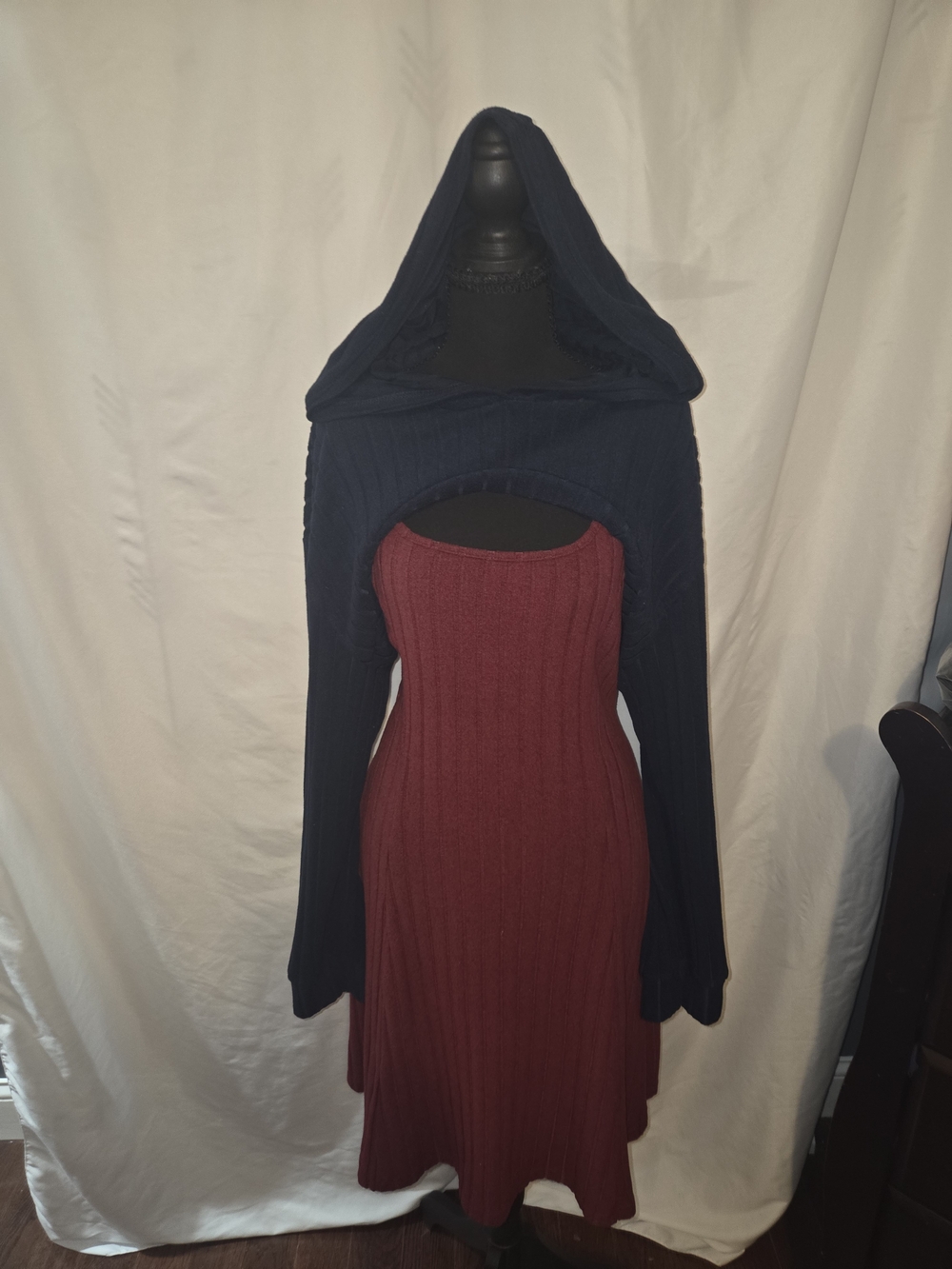 SHEIN Navy Hooded Knit Shrug over Burgundy Ribbed Dress